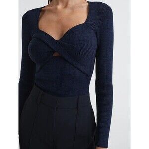 Reiss Norie Navy Ribbed Knit Long Sleeve Sweetheart Cut-Out Sweater Size XL NWT